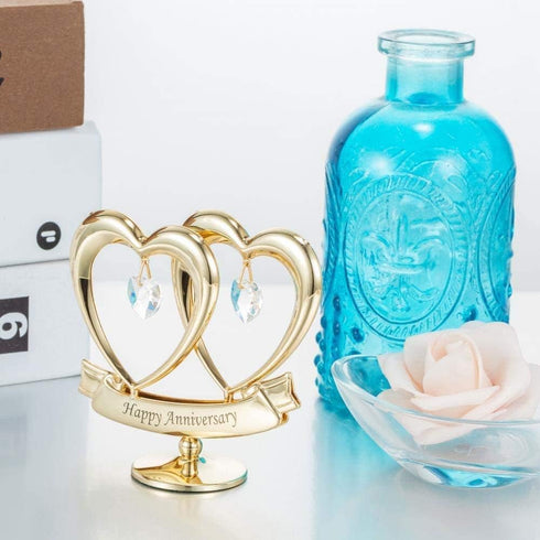 24K Gold Plated Double Heart Crystal Table Ornament for Anniversary